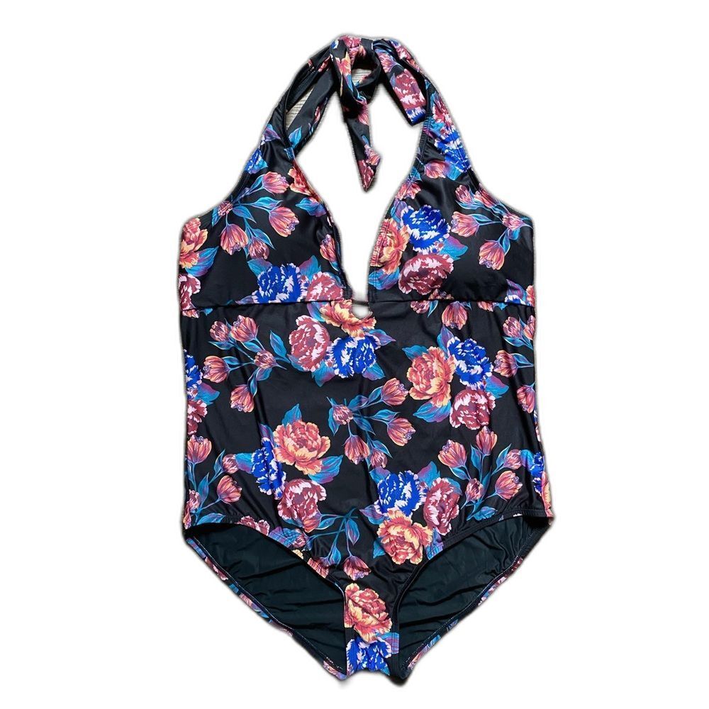MODCLOTH Black Floral Halter bathing suit One Piece Swimsuit chic low cut sz 2X